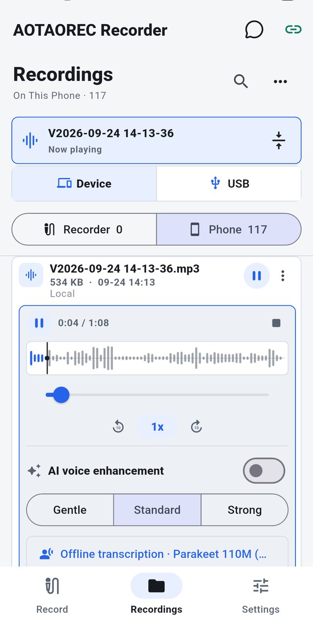 Application AOTAOREC Recorder avec les niveaux d'amélioration vocale IA et la transcription hors ligne