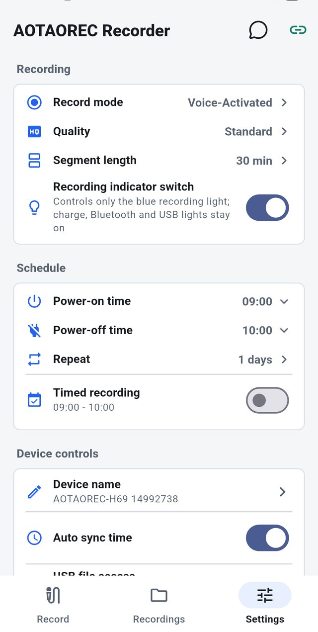 Réglages de l'application AOTAOREC Recorder : mode d'enregistrement, programmation et commandes de l'appareil