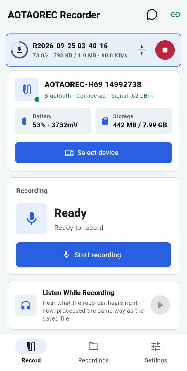 Application AOTAOREC Recorder transférant un enregistrement vers le téléphone, avec progression, taille et vitesse